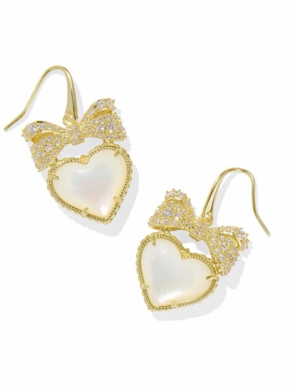 Gold Bow & Mother-of-Pearl Heart Drop Earrings